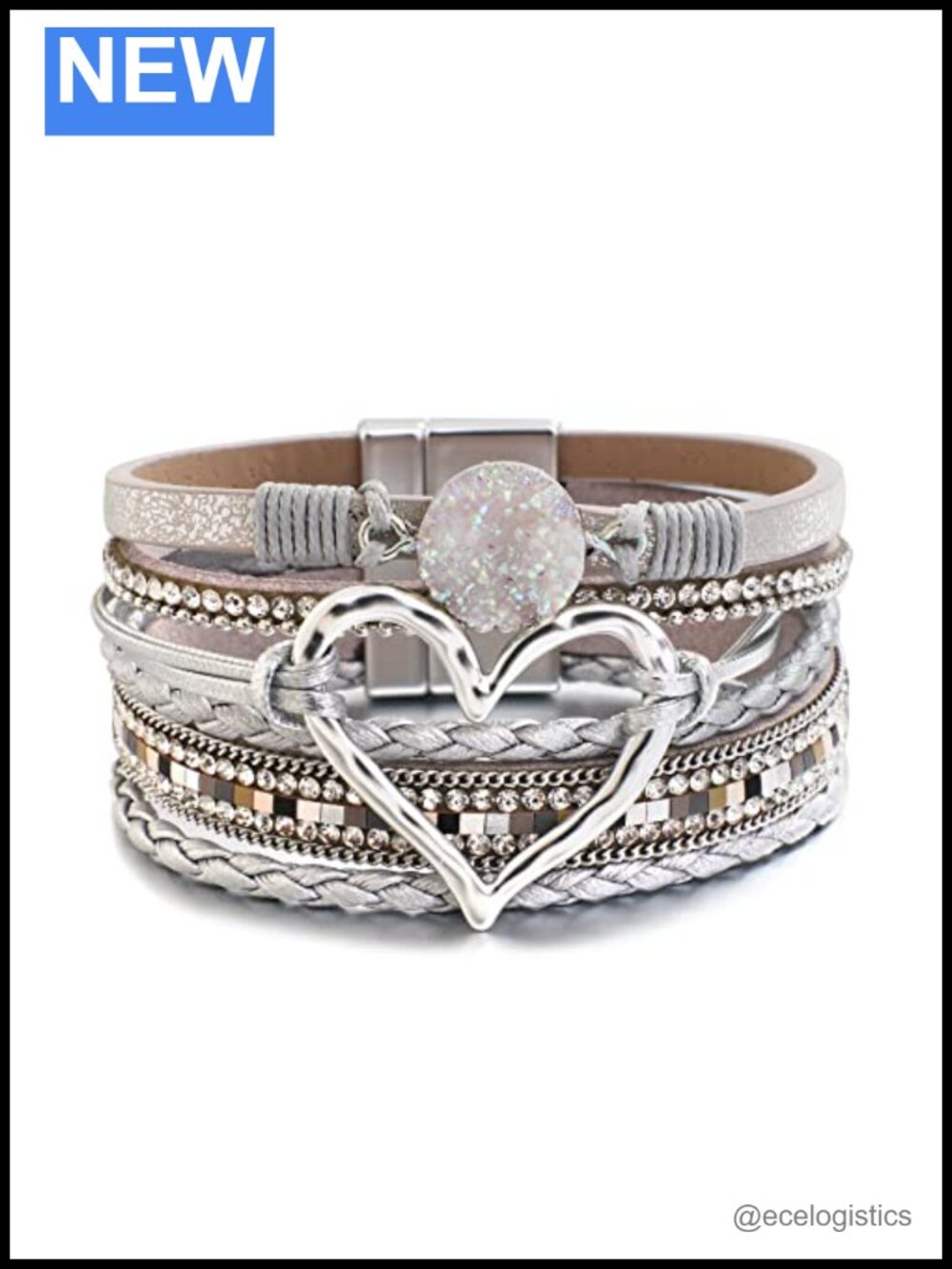 Boho Leather Wrap Bracelet for Women Beaded Cuff with Heart Charm, Clasp Closure